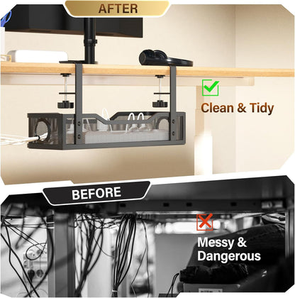 Under Desk Cable Management Tray White, Cinati Wire Organizers No Drill, Cable Tray with Clamp for Wire Management, Cord Organization Box for Office, Home - No Damage to Desk