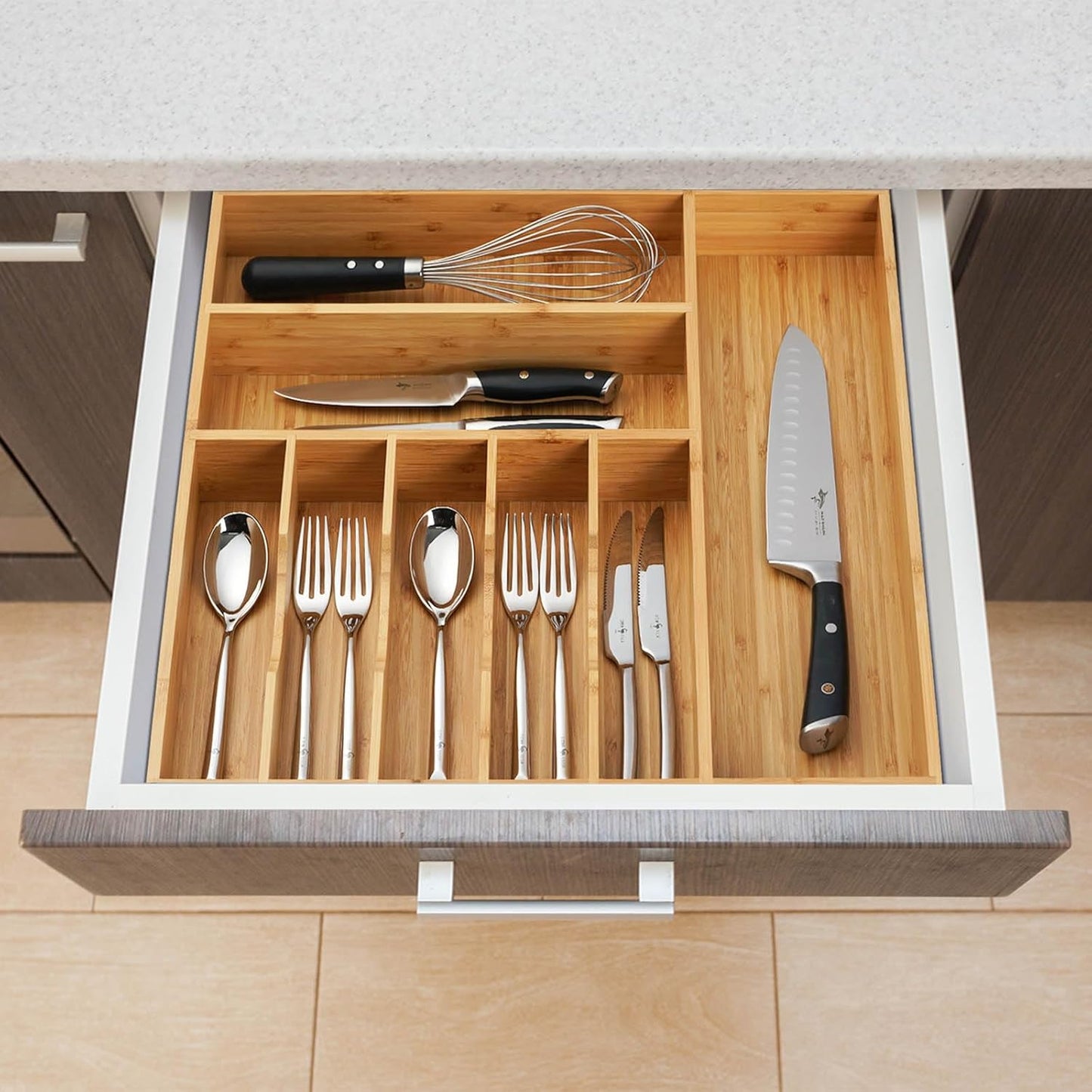 Umilife Bamboo Kitchen Drawer Organizer, 13 Inch Silverware Utensil Tray Holder, Extra Deep Grooved Drawer Divider, 7 Slots Total Bamboo Wood Caddy for Flatware Cutlery Knives, Forks, Spoons