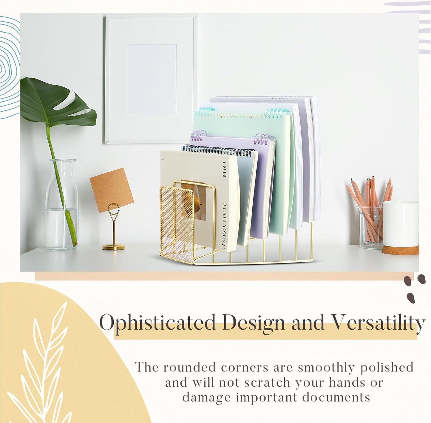 2 Pcs 7 Section Wire File Organizer for Desk, Metal Mesh Incline File Holder, Letter & Magazine Folder Rack, Desktop Paper Sorter for Home Office School (Golden)