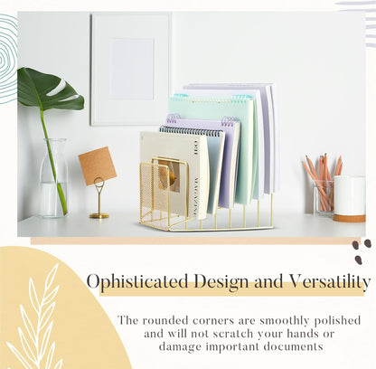 2 Pcs 7 Section Wire File Organizer for Desk, Metal Mesh Incline File Holder, Letter & Magazine Folder Rack, Desktop Paper Sorter for Home Office School (Golden)
