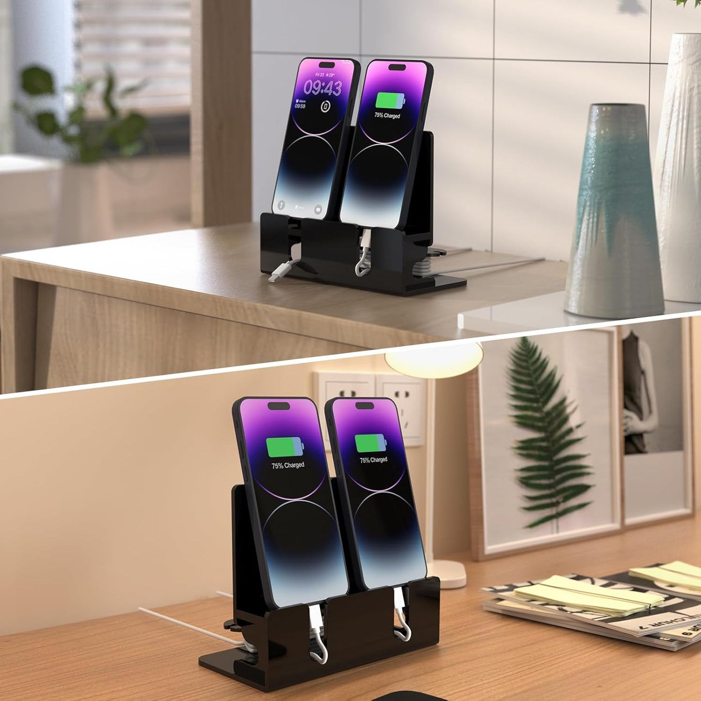 Dual Phone Holder Organizer Stand for 2 Phones, Acrylic Desktop Universal Mobile Phone Docking Station Charger Holder with Cable Management, Black