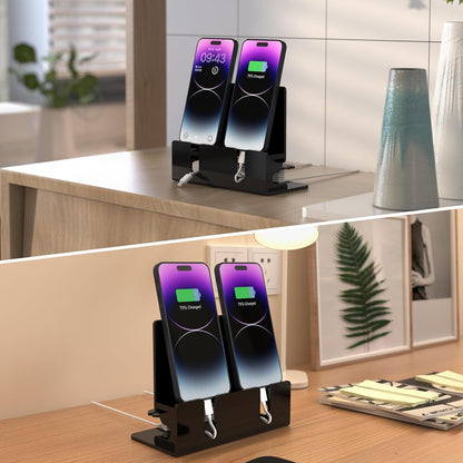 Dual Phone Holder Organizer Stand for 2 Phones, Acrylic Desktop Universal Mobile Phone Docking Station Charger Holder with Cable Management, Black