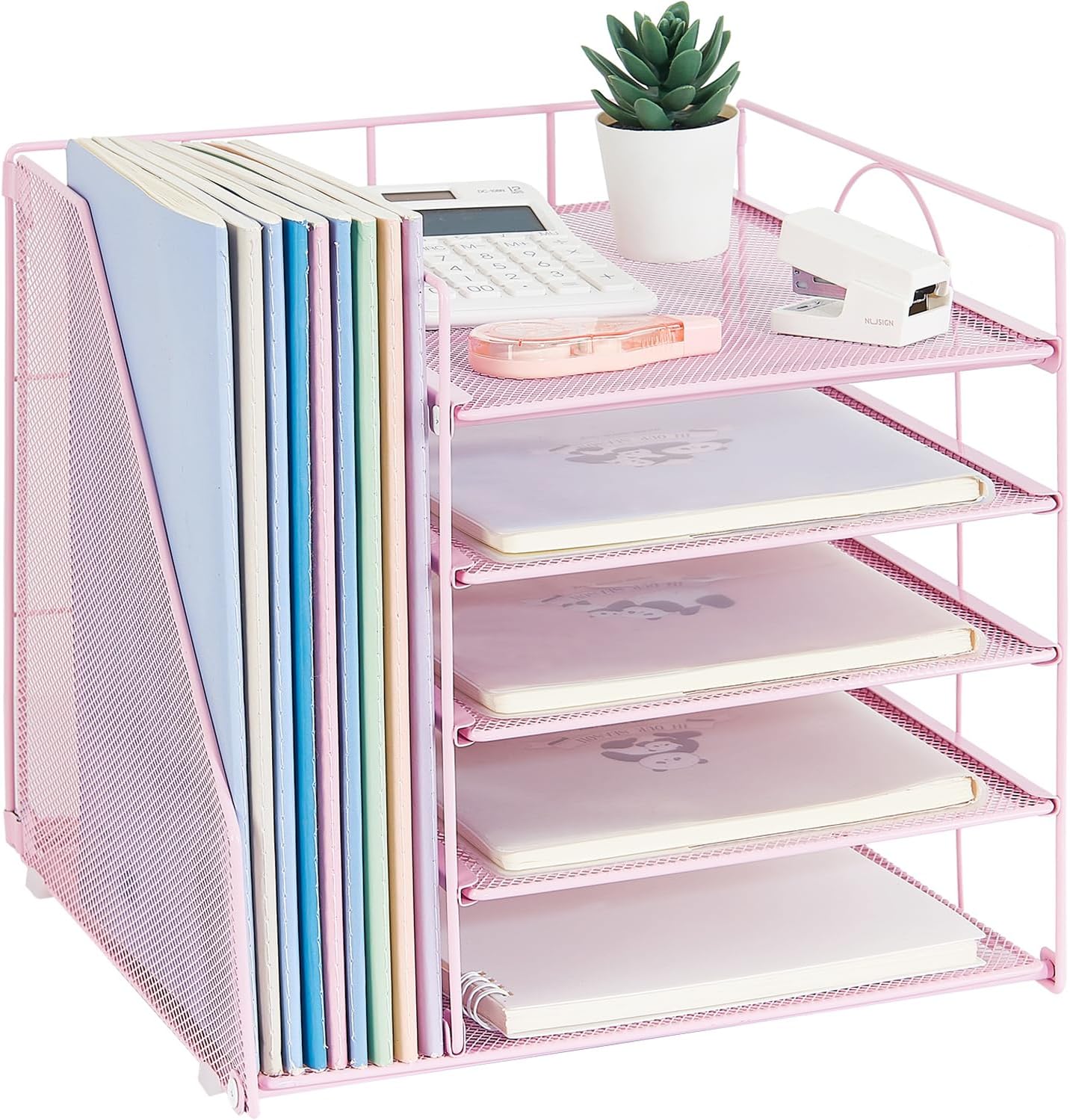 LEKETREE Desk Organizers and Accessories, 5-Tier Paper Letter Tray Organizer with File Holder, Desktop Organizer for Office Supplies (Black)