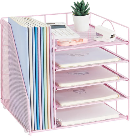 LEKETREE Desk Organizers and Accessories, 5-Tier Paper Letter Tray Organizer with File Holder, Desktop Organizer for Office Supplies (Black)