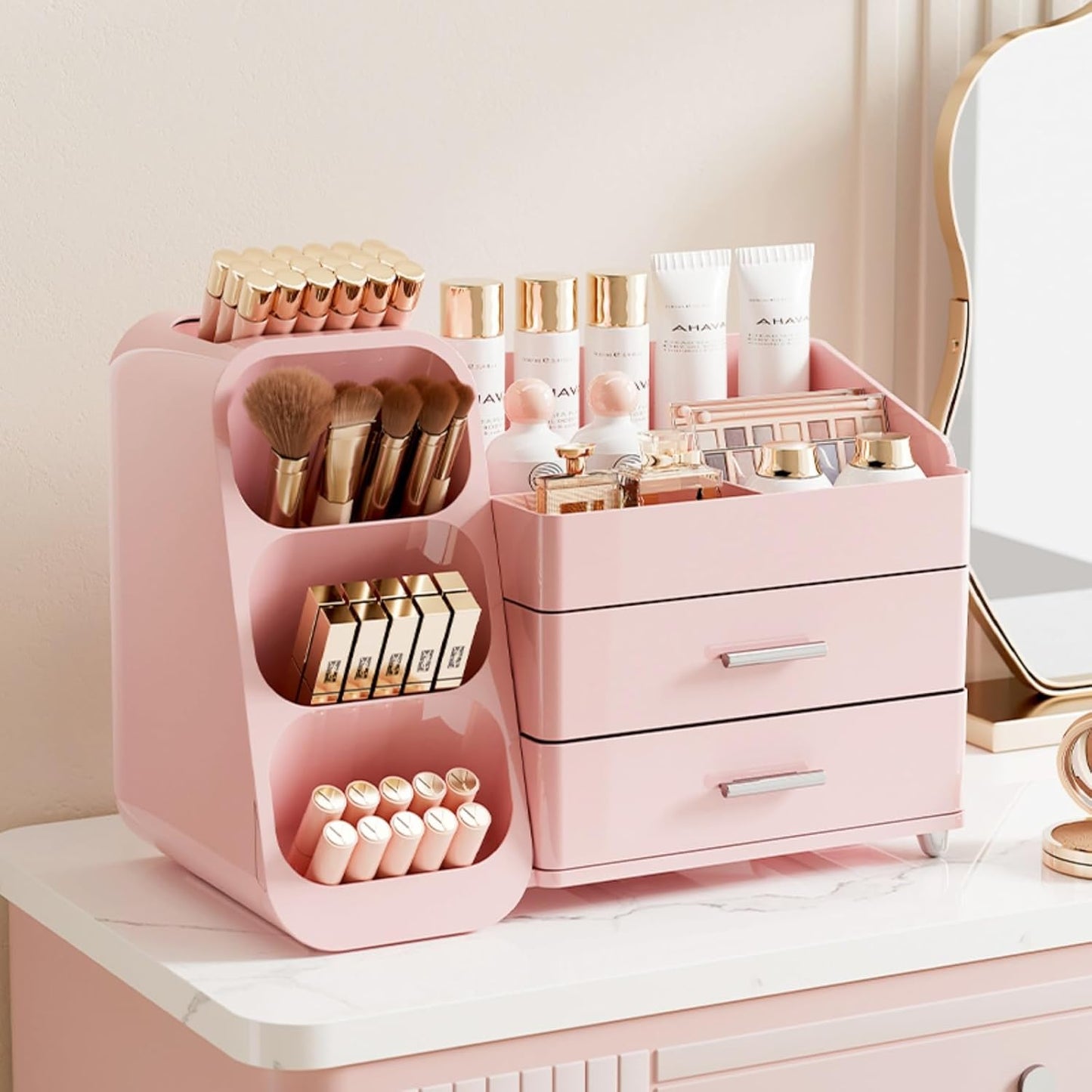 Booklov Makeup Organizer for Vanity, Countertop Cosmetic Display Case with Clear Acrylic Drawers, Bathroom Counter Beauty Caddy, Cute Table Storage Holder for Skincare, Brush Lipsticks, Crystal White
