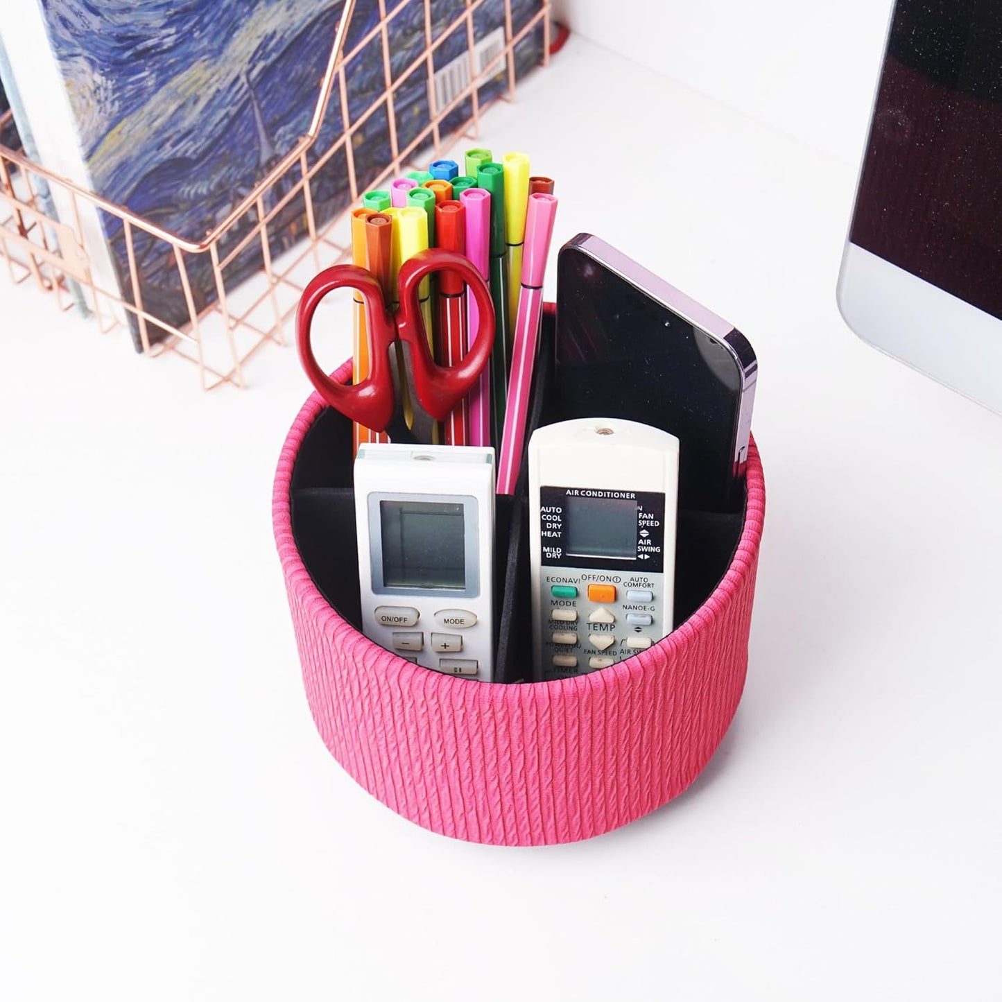 Hennaja Round Leather Art Supply Organizer,Remote Control Holder,360 Degree Rotating,Multi-Functional Pencil Holder,4 Compartments Desktop Stationary Organizer(1-Blue Bird) - Colors C