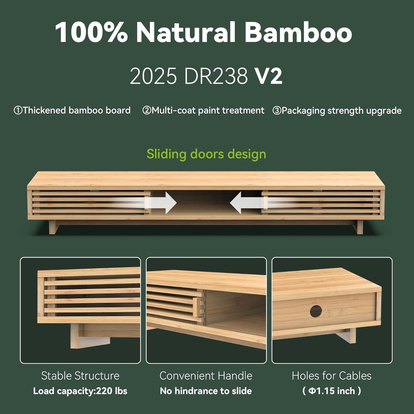 Monitor Stand Riser with Sliding Door, Computer Laptop Stand Desk Shelf Organizer with Storage (Natural Bamboo, 25 Inch)