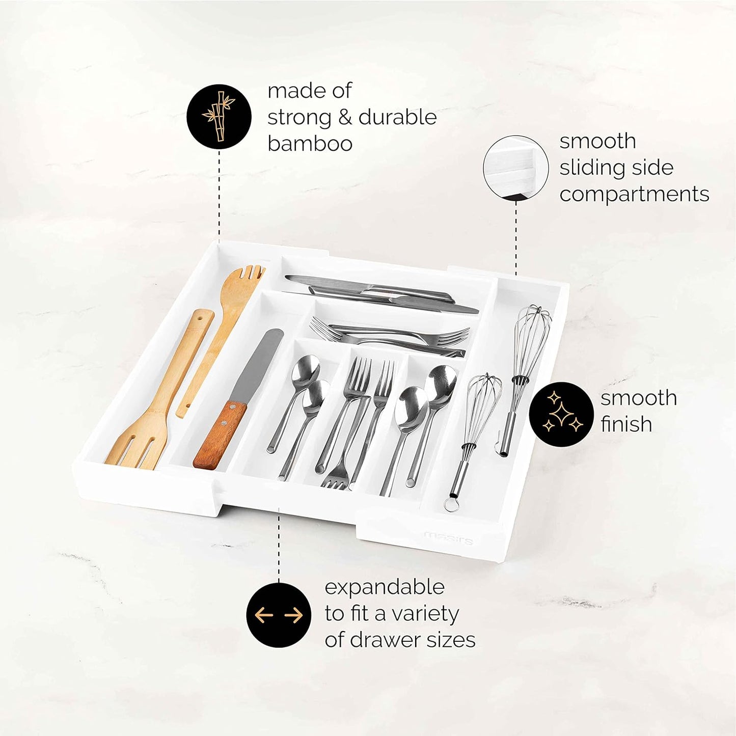 Masirs Expandable Utensil Drawer Organizer - BPA-Free Plastic Clear Silverware Tray with Multiple Compartments - Non-Slip Cutlery Storage for Kitchen, Bathroom, or Office Drawers (Clear)