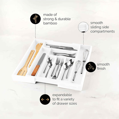Masirs Expandable Utensil Drawer Organizer - BPA-Free Plastic Clear Silverware Tray with Multiple Compartments - Non-Slip Cutlery Storage for Kitchen, Bathroom, or Office Drawers (Clear)