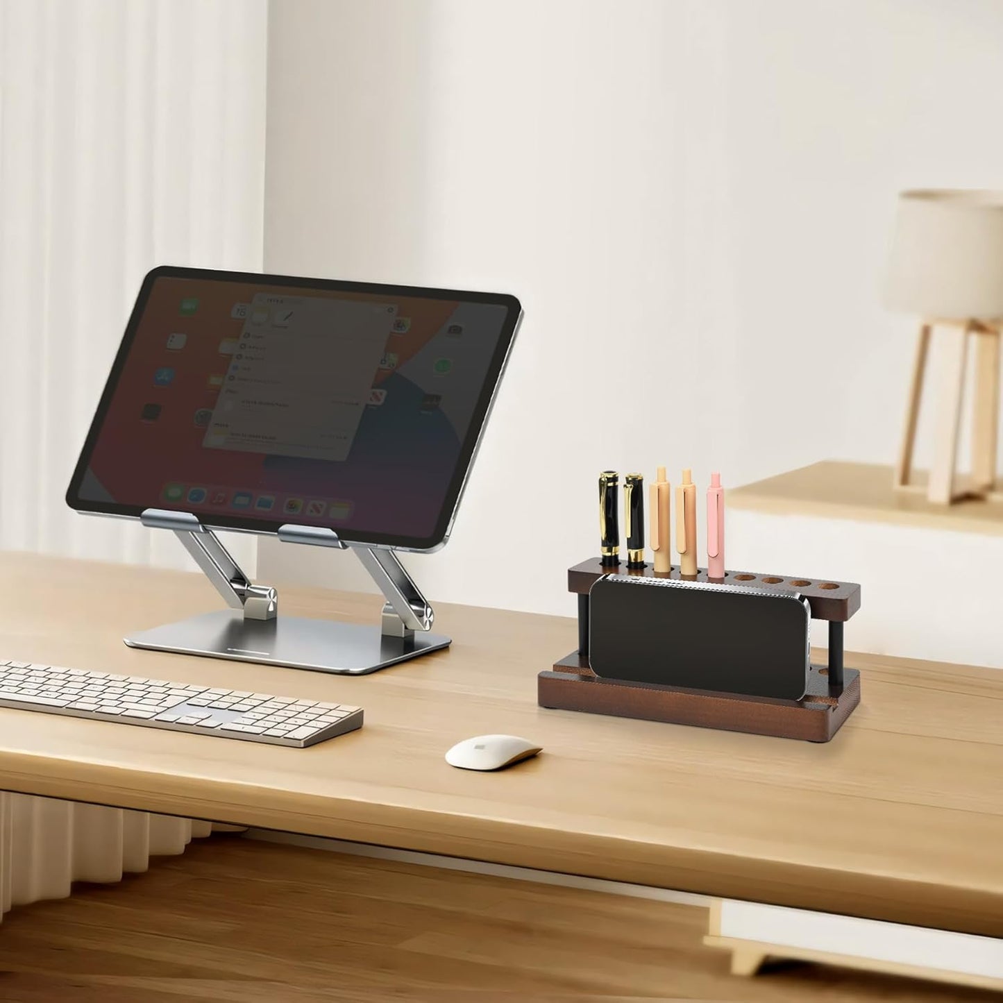 Wooden Pen Holder for Desk, Wood Pencil Holder Fountain Pens Display Stand with 9 Slots and Phone Holder, Stylish Office Desk Decor, Pen Organizer for Office, Home