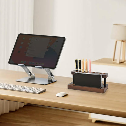 Wooden Pen Holder for Desk, Wood Pencil Holder Fountain Pens Display Stand with 9 Slots and Phone Holder, Stylish Office Desk Decor, Pen Organizer for Office, Home