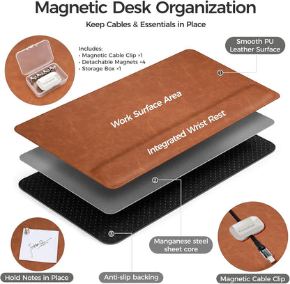 Magnetic Desk Mat System with Wrist Support 80×40cm, Premium Leather Desk Pad with Magnetic Accessories, Waterproof Non-Slip Desk Organizer for Office & Gaming