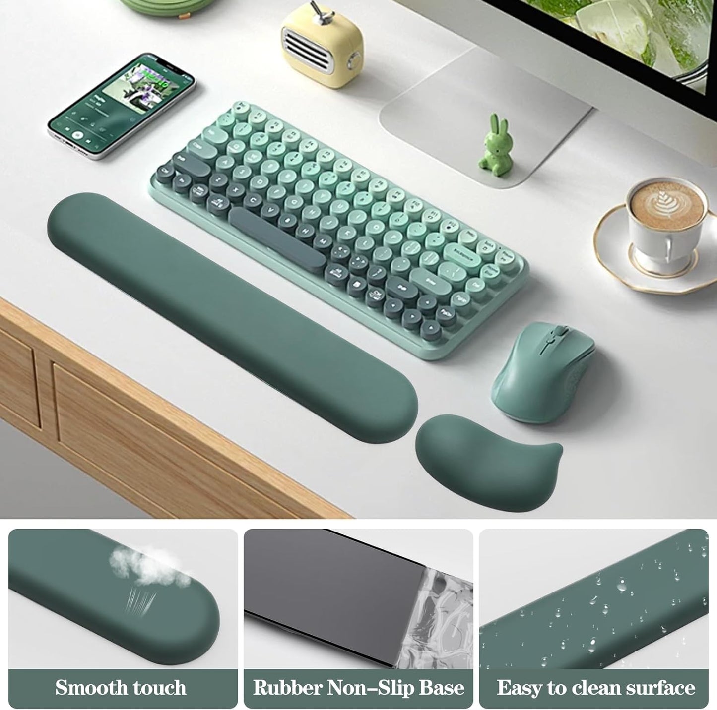 Wrist Rest for Keyboard and Mouse Pad, Ergonomic Memory Foam Keyboard Wrist Rest Set, Luxe Leather, Non-Slip Desk Accessories for Office and Home (Green)