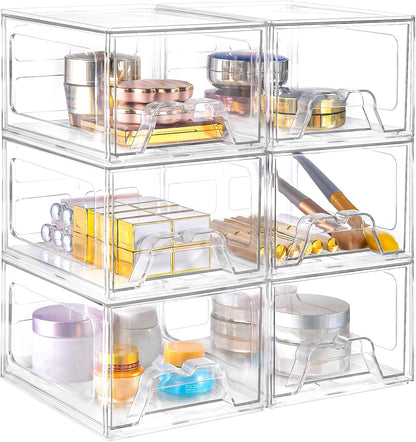 Stebopum 6 Pack Stackable Makeup Organizer, 4.4'' Tall Acrylic Bathroom Makeup Organizer and Storage Drawer with Pull-out Handle, Clear Plastic Storage Bins for Vanity,Pantry,Desk,Undersink,Kitchen