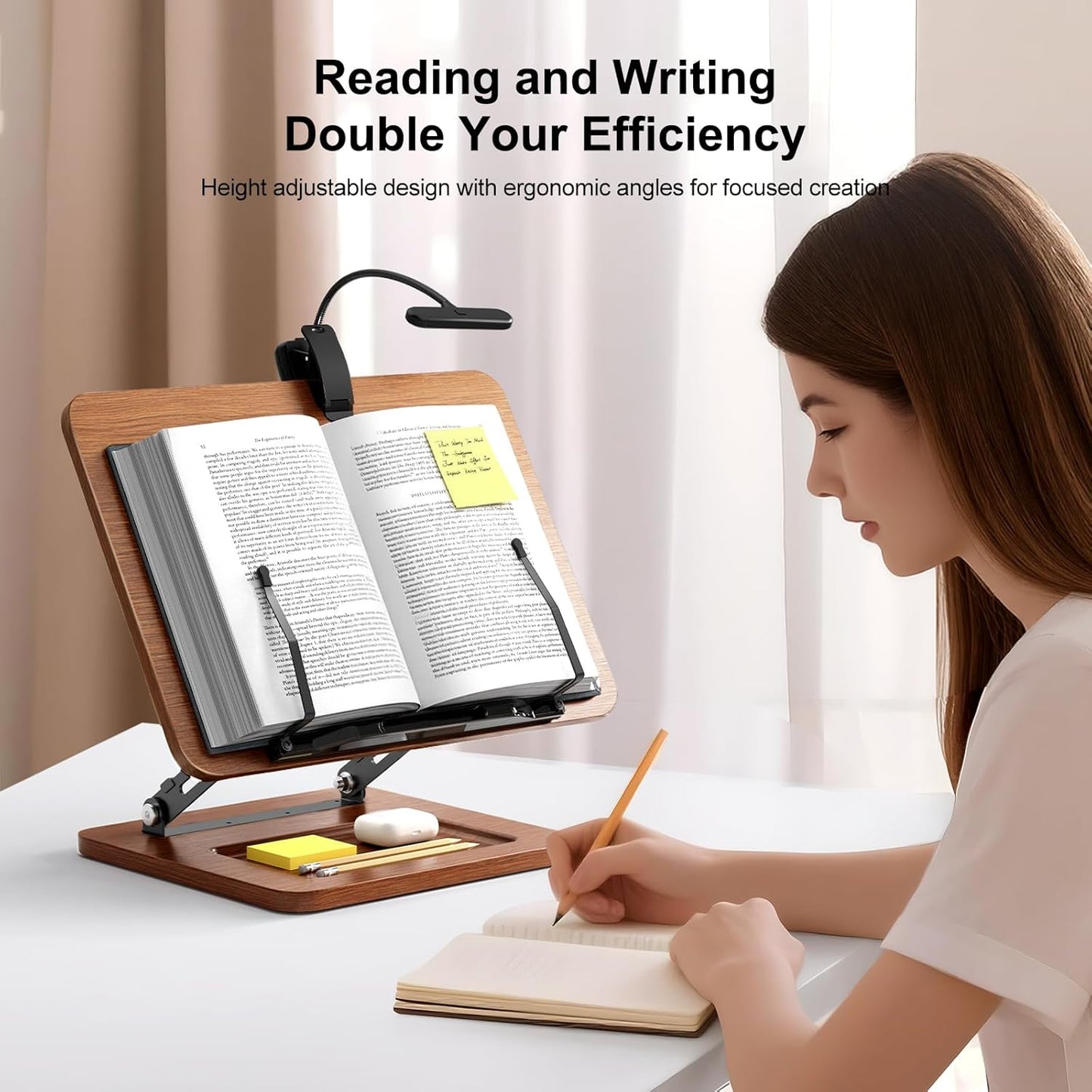 Book Stand for Reading, 360° Rotating Hands Free Book Holder, Adjustable Height and Angle, Page Clip for Cookbook, Recipe, Magazine, Laptop,Tablet, Foldable for Kitchen, Office, School