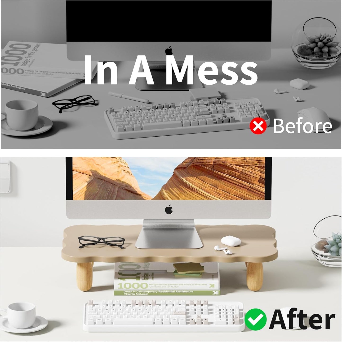 AFOOYO Monitor Stand Riser, Cookie-Shaped Sturdy Wood Computer Monitor Stand for Desk, Ergonomic Desk Stand, Multi-Purpose Desktop Organizer Riser for Computer, Laptop, Printer, TV,White