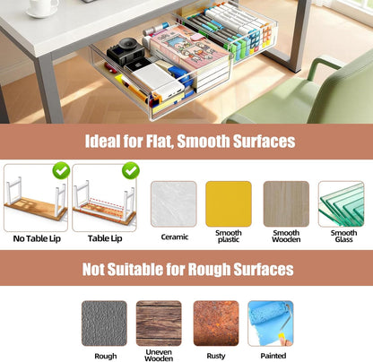 TooCust 3 Pack Under Desk Drawer Slide Out Storage Organizer, Clear White 3 Sizes (S/M/L), Dual-Mount Hidden Table Tray for Tablets, Planners & Office Supplies