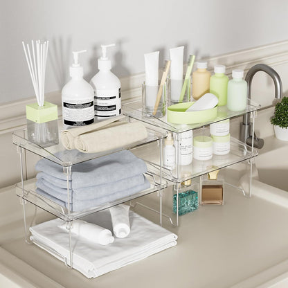 STARLATTA 2 Pcs Cabinet Organizer Shelf, Stackable Kitchen Counter Shelves, Spice Rack,Countertop Organizers, Clear Plastic Storage Shelves Rack for Makeup,Bathroom,Cupboard,Desk,Pantry Organization