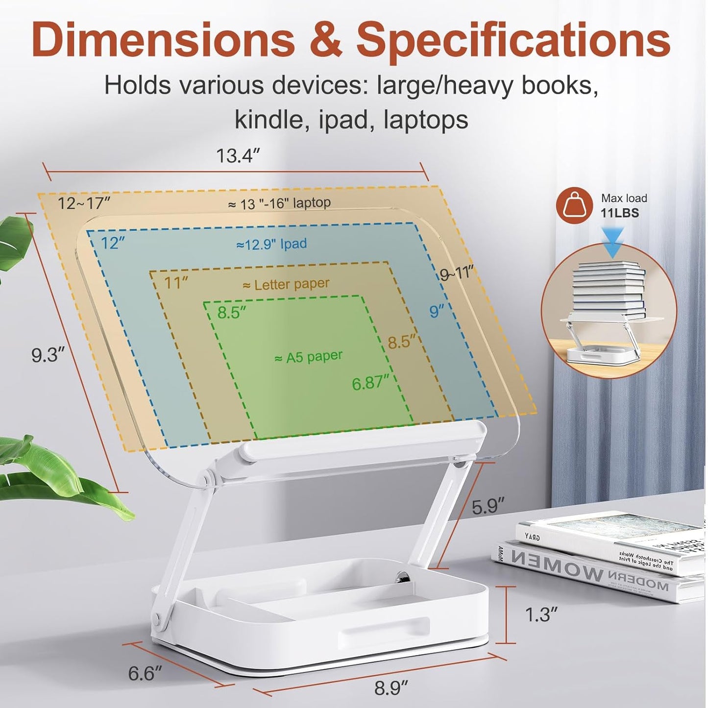 Acrylic Book Stand with Storage, Adjustable Book Holder for Reading with 360° Rotating Bases, Foldable Desktop Riser Stand, Elastic Clips for Cookbook Recipe Magazines Tablets, Laptops (Clear)