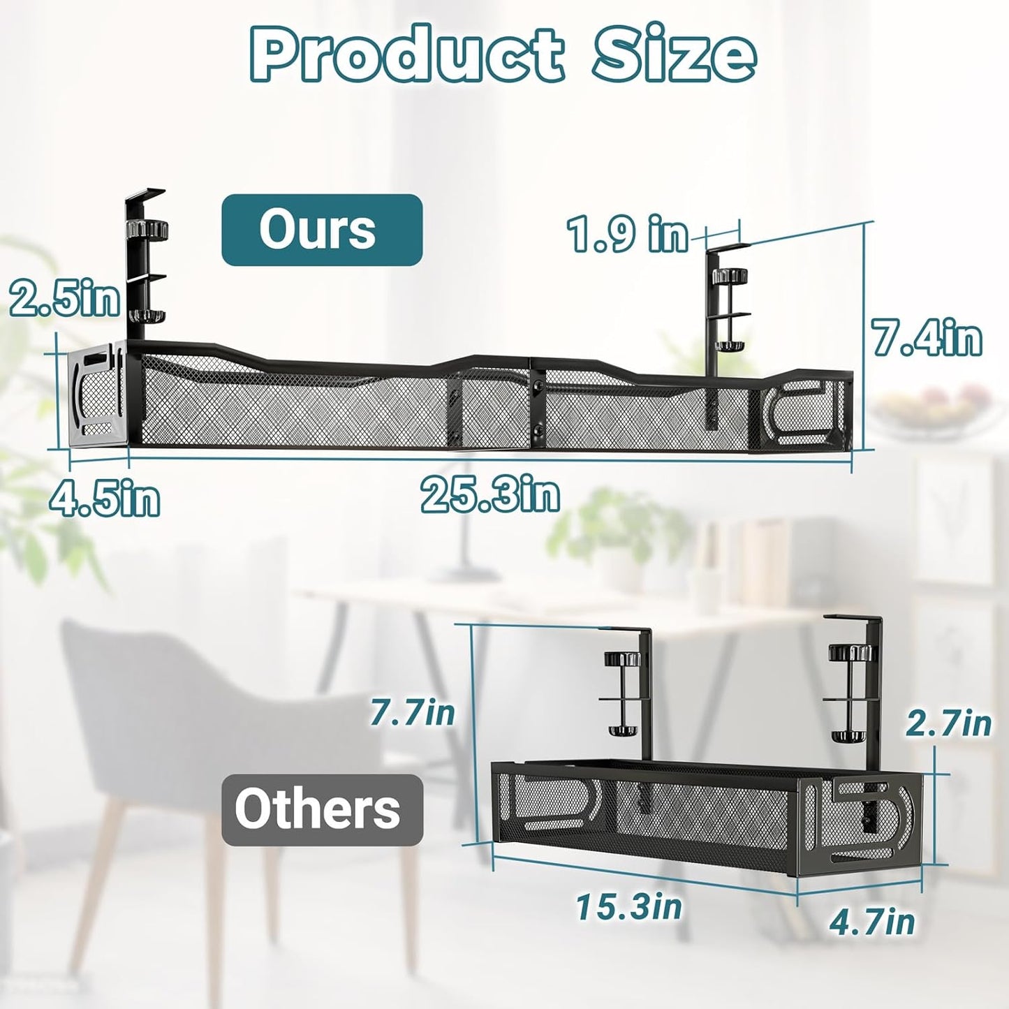 Cable Management Under Desk, 25.3'' No Drill Desk Cable Management Tray with Clamp, Metal Cord Organizer for Standing Desk, Computer Wire Management for Home Office & Gaming Setup, Black