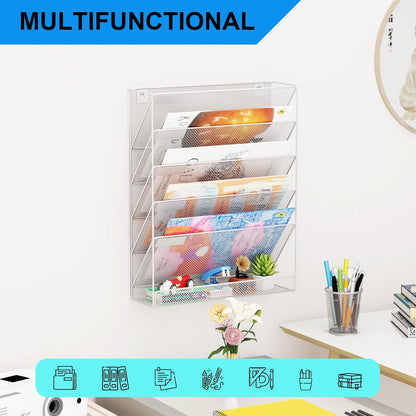 Wall File Organizer Holder Mesh Hanging Paper Document Holder,Vertical 6 Pocket Tier for Office Home, Black