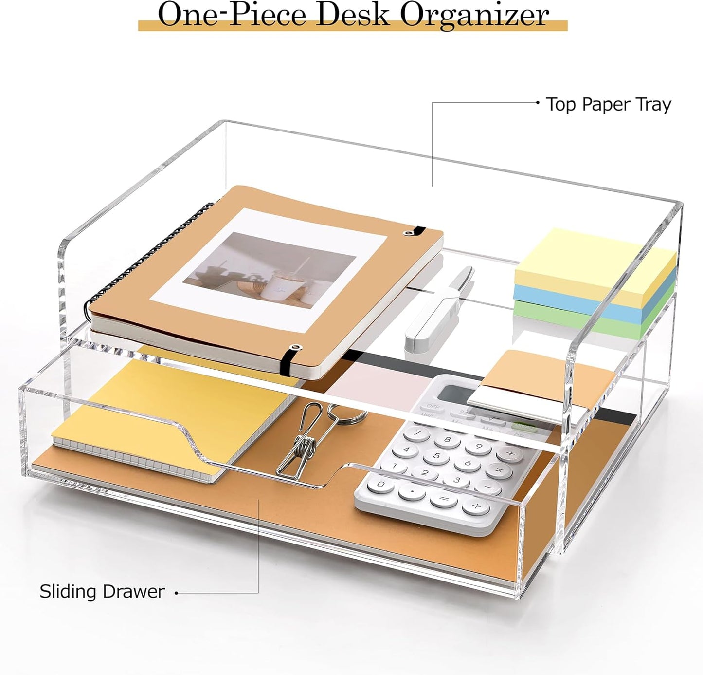 SANRUI Desk Organizer with Sliding Drawer Desk Organizers and Accessories for Office Organization and Storage, Acrylic File Organizer Drawer Stackable 2-Tier Paper Organizer,Clear