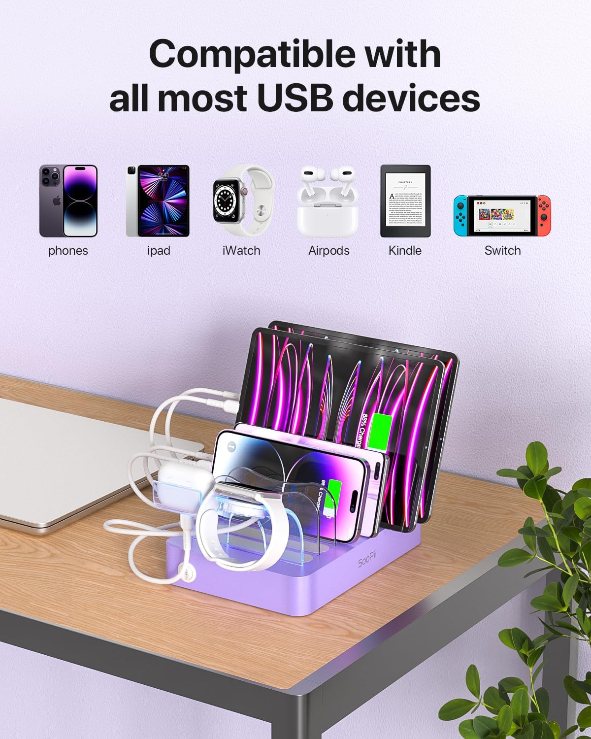 SooPii Premium 6-Port USB Charging Station Organizer for Multiple Devices, 6 Short Charging Cables and One Upgraded i-Watch Charger Holder Included, for Phones, Tablets, and Other Electronics, White