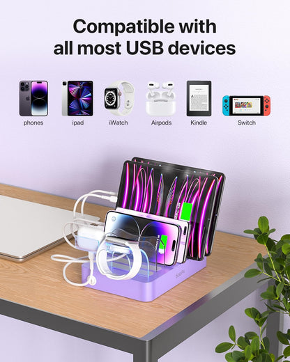SooPii Premium 6-Port USB Charging Station Organizer for Multiple Devices, 6 Short Charging Cables and One Upgraded i-Watch Charger Holder Included, for Phones, Tablets, and Other Electronics, White