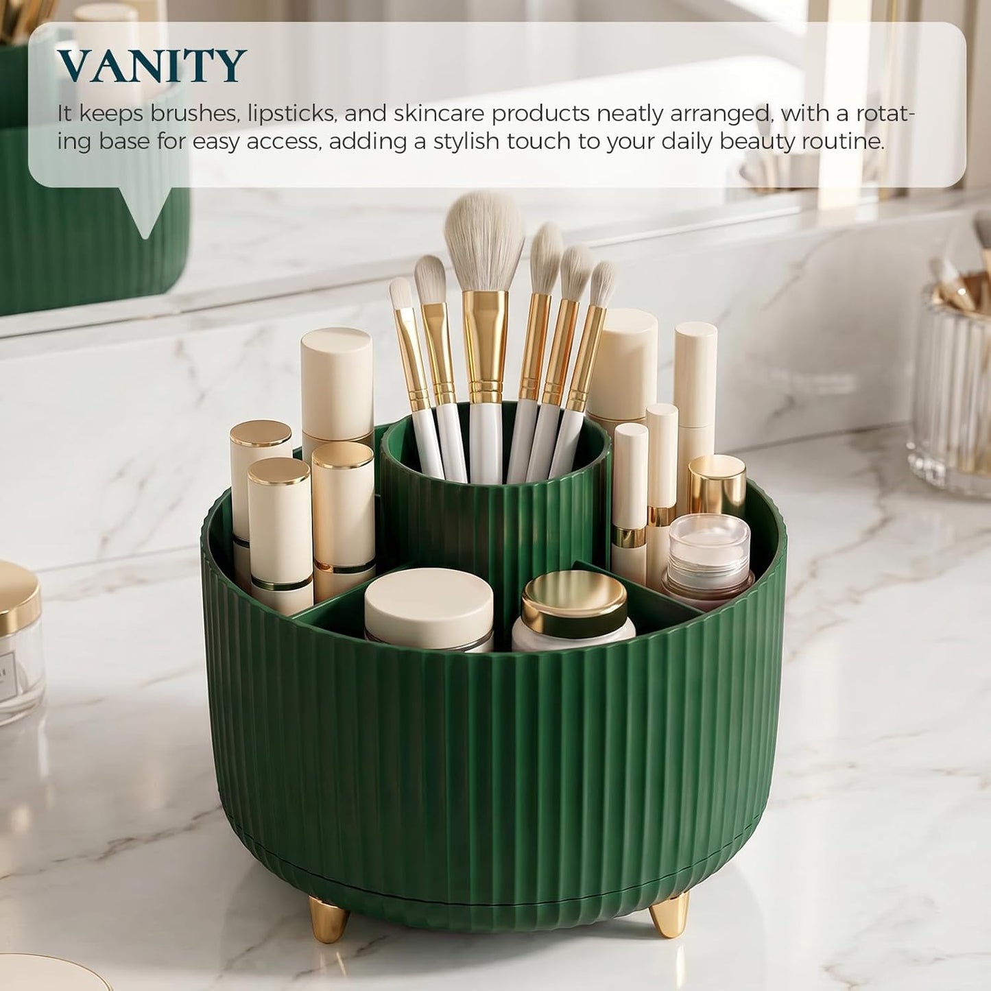 KONVINIT Pencil Pen Holder for Desk, 5 Slots 360 - Degree Rotating Desktop Organizer, Cute Desk Organizers and Accessories for School, Home, Office and Art Supply, Beige