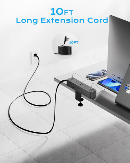 Flat Plug Desk Clamp Power Strip 10FT, 40W Total Fast Charging Station, Dual PD 20W USB C Ports, Desk Edge Mount Power Strip 9 AC Outlets 8 USB Ports(4 USB C) Surge Protector, Fit 1.7" Tabletop Edge