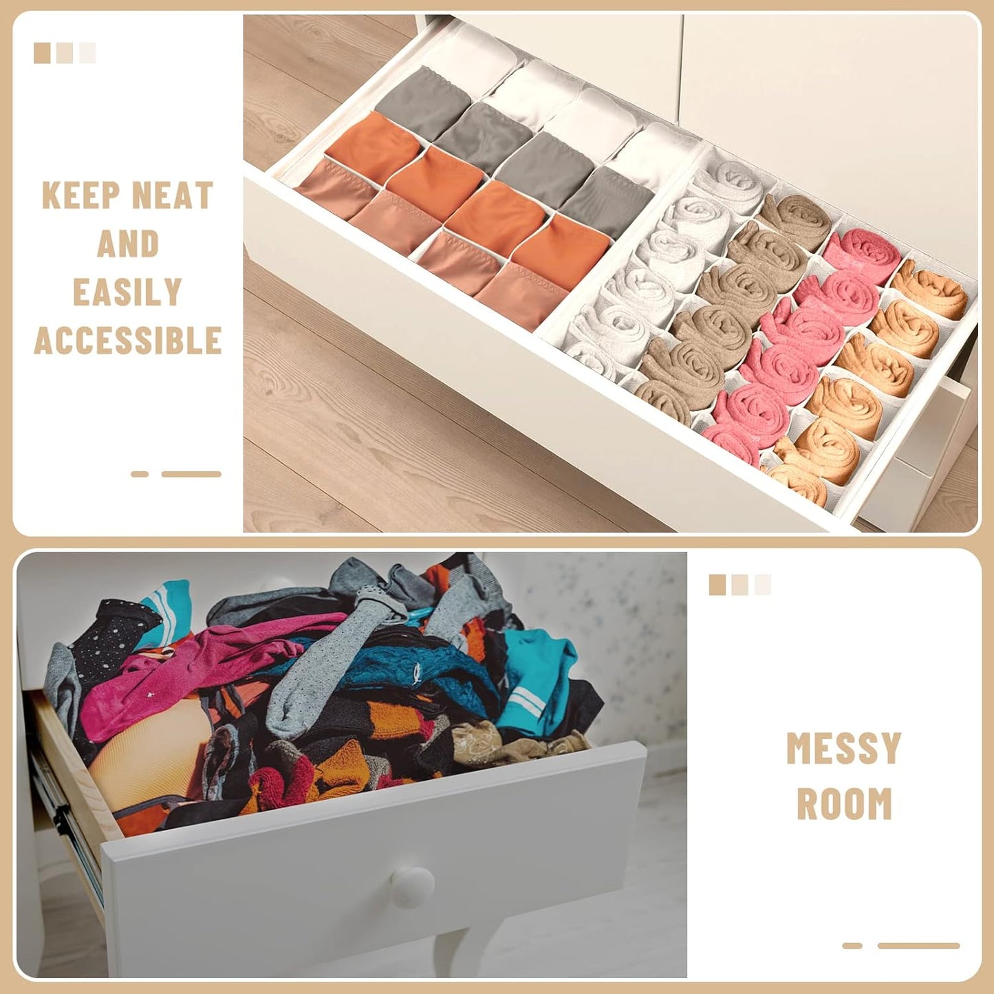 Criusia 6 Pack Large Drawer Organizer for Sock Underwear - Washable Heavy Duty Fabric Closet Organizers and Storage Bins - 90 Cells Dresser Organizer Divider for Baby Clothes, Ties, Belt (Grey)