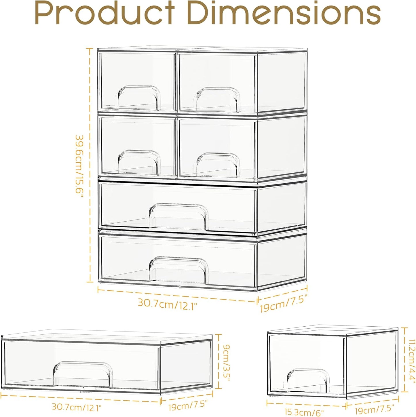 Criusia Stackable Storage Drawers, 4 Pack Clear Plastic Makeup & Bathroom Organizer, Versatile Storage Bins for Vanity, Under Sink, Kitchen Cabinets & Pantry