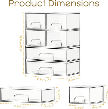 Criusia Stackable Storage Drawers, 4 Pack Clear Plastic Makeup & Bathroom Organizer, Versatile Storage Bins for Vanity, Under Sink, Kitchen Cabinets & Pantry