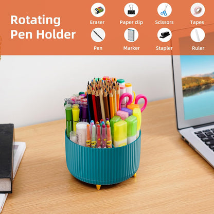 Marbrasse Desk Organizer, 360-Degree Rotating Pen Holder, Desk Organizers and Accessories with 5 Compartments Pencil Holder, Art Supply Storage Box Caddy for Office, Home（White）