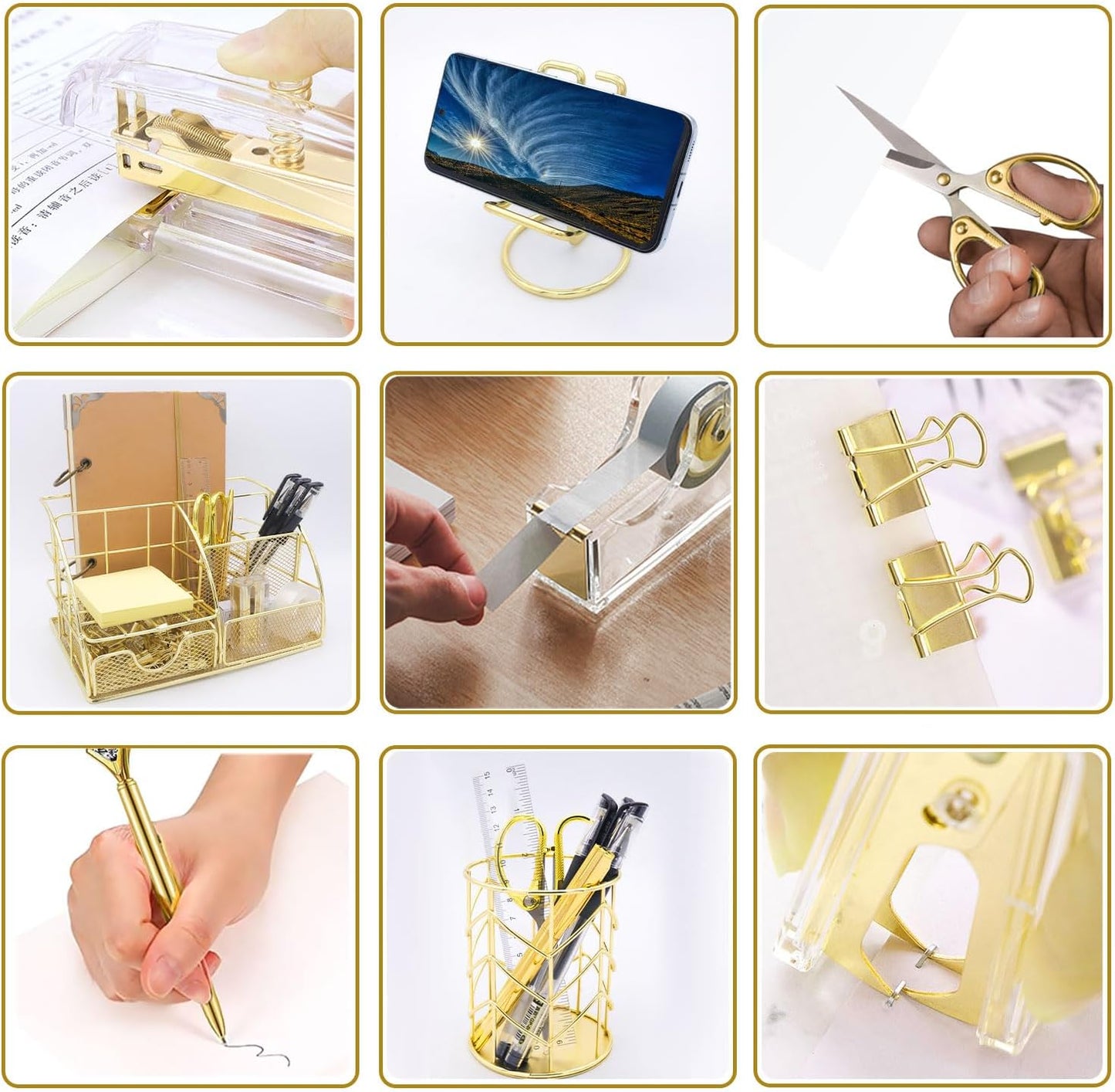Office Desk Organizers, Rose Gold 13PCS Office Supplies and Accessories Desk organizer, Acrylic Stapler, Staple Remover, Clips, Scissor, Phone Holder, Pen, Pen Holder (Rose Gold)