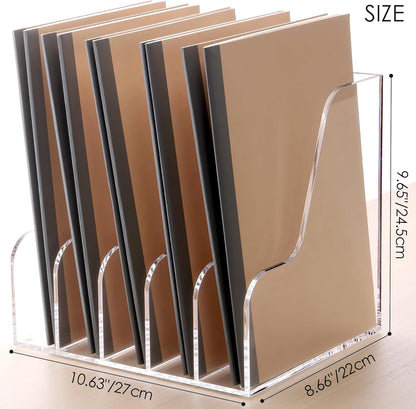 SANRUI Acrylic File Organizer, Clear Magazine File Holder Desk Organizer for Office Organization and Storage with 5 Vertical Compartments, Desktop Bookshelf for Home Office Organization