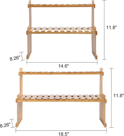 GURECOD 14.6"/18.5" 2 Tiers Bamboo Plant Stand Shelf,Desk Flower Pot Holder,Adjustable Desktop Shelf Display Organizer Ladder Rack for Office Decorate Storage Rack,Kitchen Rack (14.6" Length)