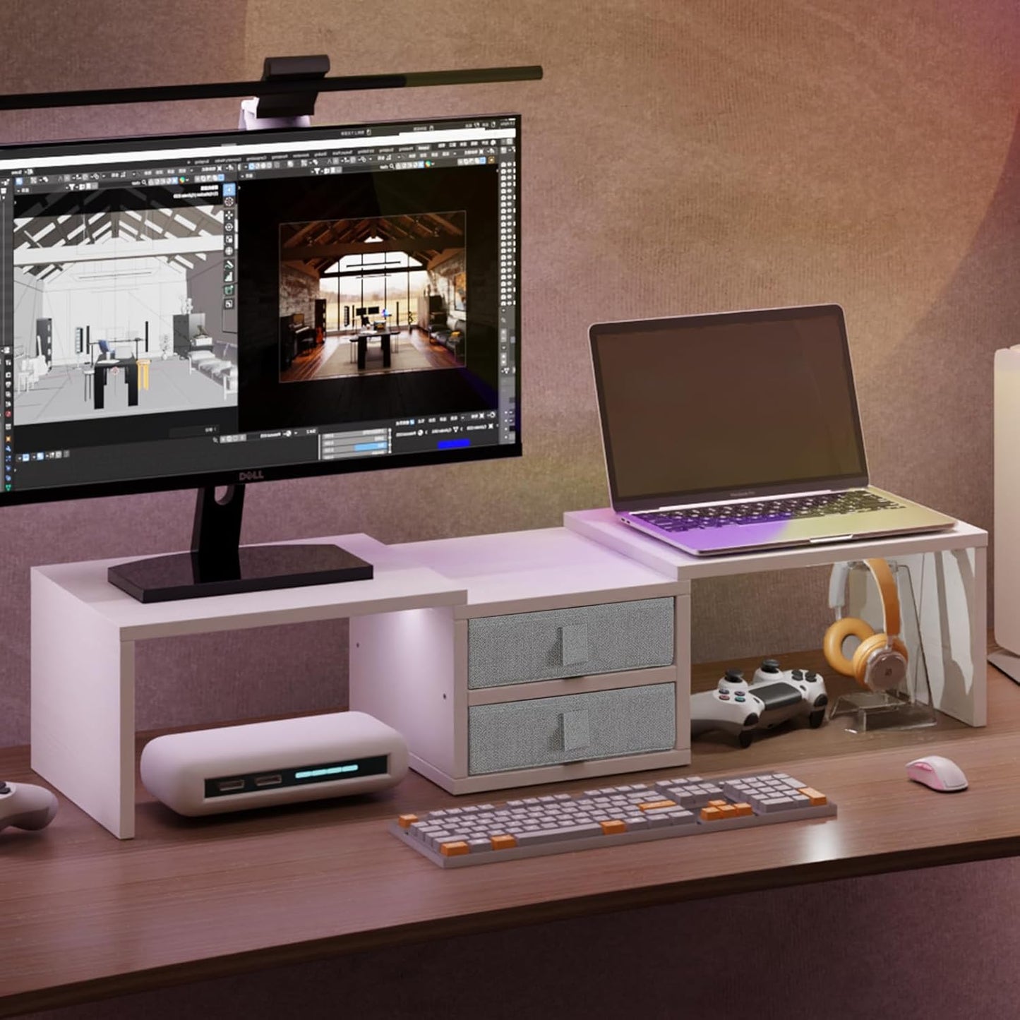 TEAMIX Dual Monitor Stand Riser with 2 Drawers-Length and Angle Adjustable 3 Shelf Monitor Riser with Storage Desk Organizer Large Computer Monitor Stand for 2 Monitors/Laptop/PC,Wood Screen/TV Stand