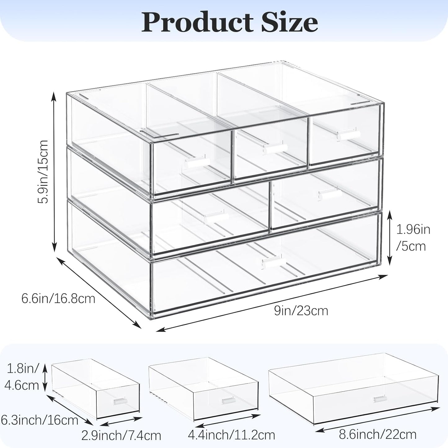 3 Tier Stackable Desk Organizer with 6 Drawers, YOCOMEY Plastic Desktop Storage Box Drawers, Detachable Makeup Storage Office Stationery Supplies Organizer for Office School(Clear)