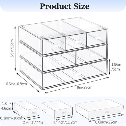 3 Tier Stackable Desk Organizer with 6 Drawers, YOCOMEY Plastic Desktop Storage Box Drawers, Detachable Makeup Storage Office Stationery Supplies Organizer for Office School(Clear)