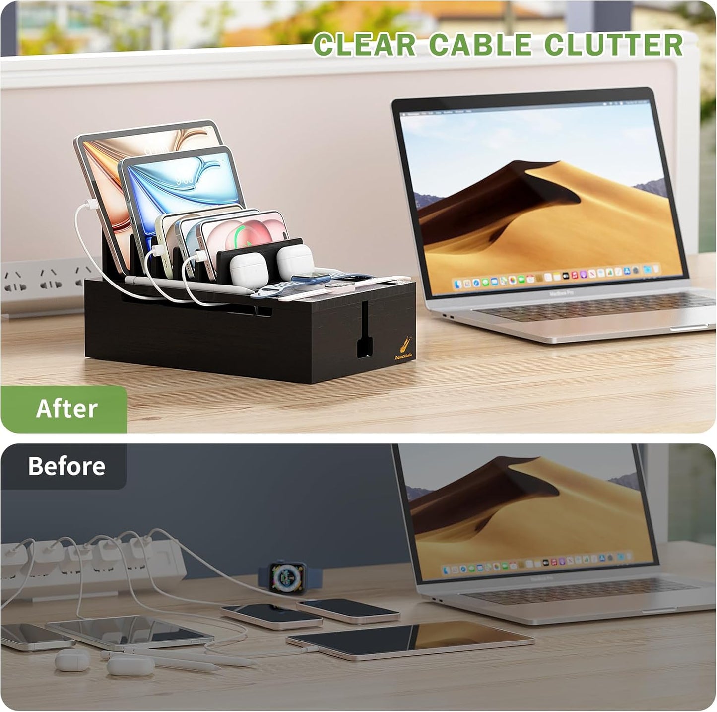 Pezin & Hulin Bamboo Charging Station for Multiple Devices, USB Charger Dock Organizer, with Power Supply (10 Ports HUB), 6 Cables, Cable Management Organizer for Cell Phones, Tablets -Natural+White
