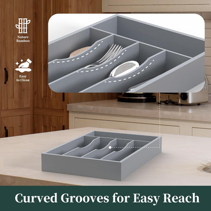 Small Silverware Organizer, Bamboo Kitchen Drawer Organizer, Utensil Holder, Cutlery Tray & Spoon Flatware Storage with Grooved Drawer Dividers (6.7''W x 12''D)