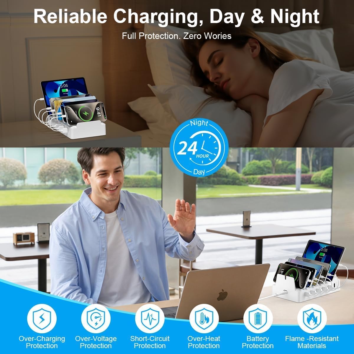 Charging Station for Multiple Devices, 6 Port USB Desktop Charger Dock Compatible with iPad, Samsung, Android, Tablet, Family Multi Phone Charging Organizer with Divider Holders, Fireproof ABS (White)