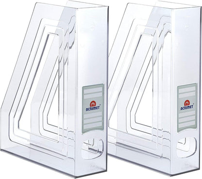 Acrimet Magazine File Holder – Vertical Rack for Documents, Folders and Mail, Durable Plastic Desk Organizer for Office & Home, Clear Crystal (2 Pack)