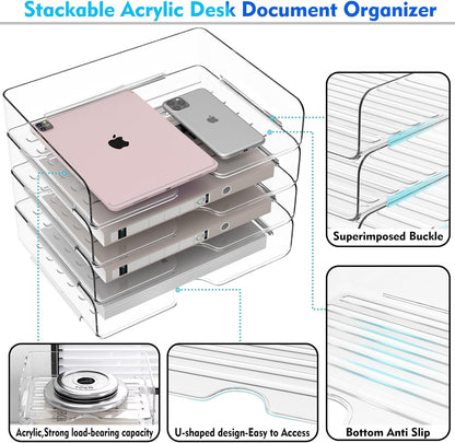 Paper Organizer Letter Tray, 4 Pack Acrylic Stackable Desk File Organizer,Versatile Clear Office Organizer for File Paper, Ipad, Letter, A4 Office File, Books, Notes, Etc
