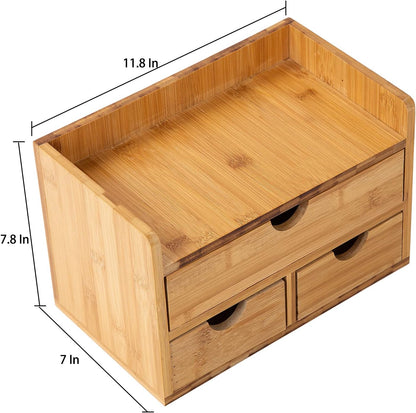 Rustic Distressed white 3-Tier Bamboo Desk Organizer with 3 Drawers Mini Storage Shelf For Desk, Toiletries Vanity Office Supplies (bamboo)