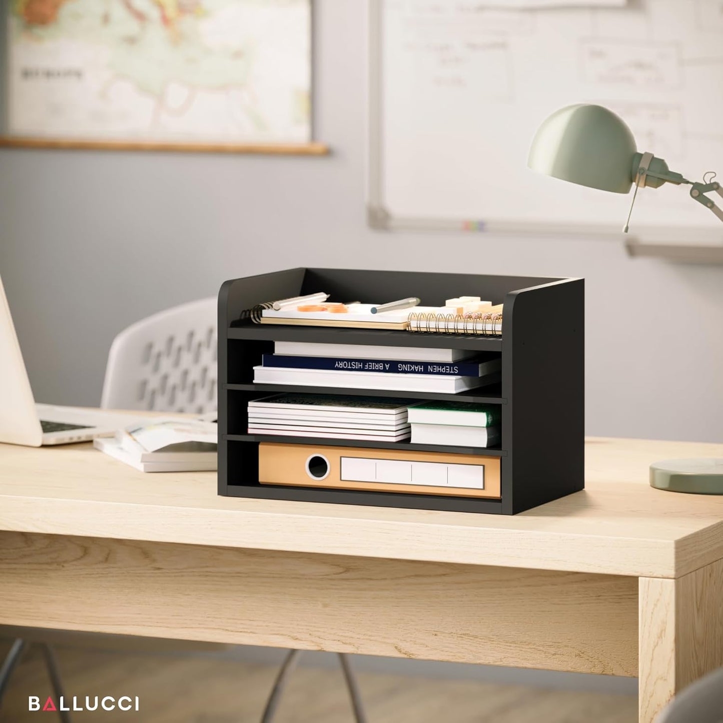 Ballucci 4-Tier Paper Organizer for Desk, Stackable Organizer Tray, Desk Storage Shelves, Stacking Letter Paper Tray Sorter for Classroom, Office, White