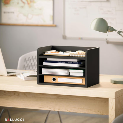 Ballucci 4-Tier Paper Organizer for Desk, Stackable Organizer Tray, Desk Storage Shelves, Stacking Letter Paper Tray Sorter for Classroom, Office, White