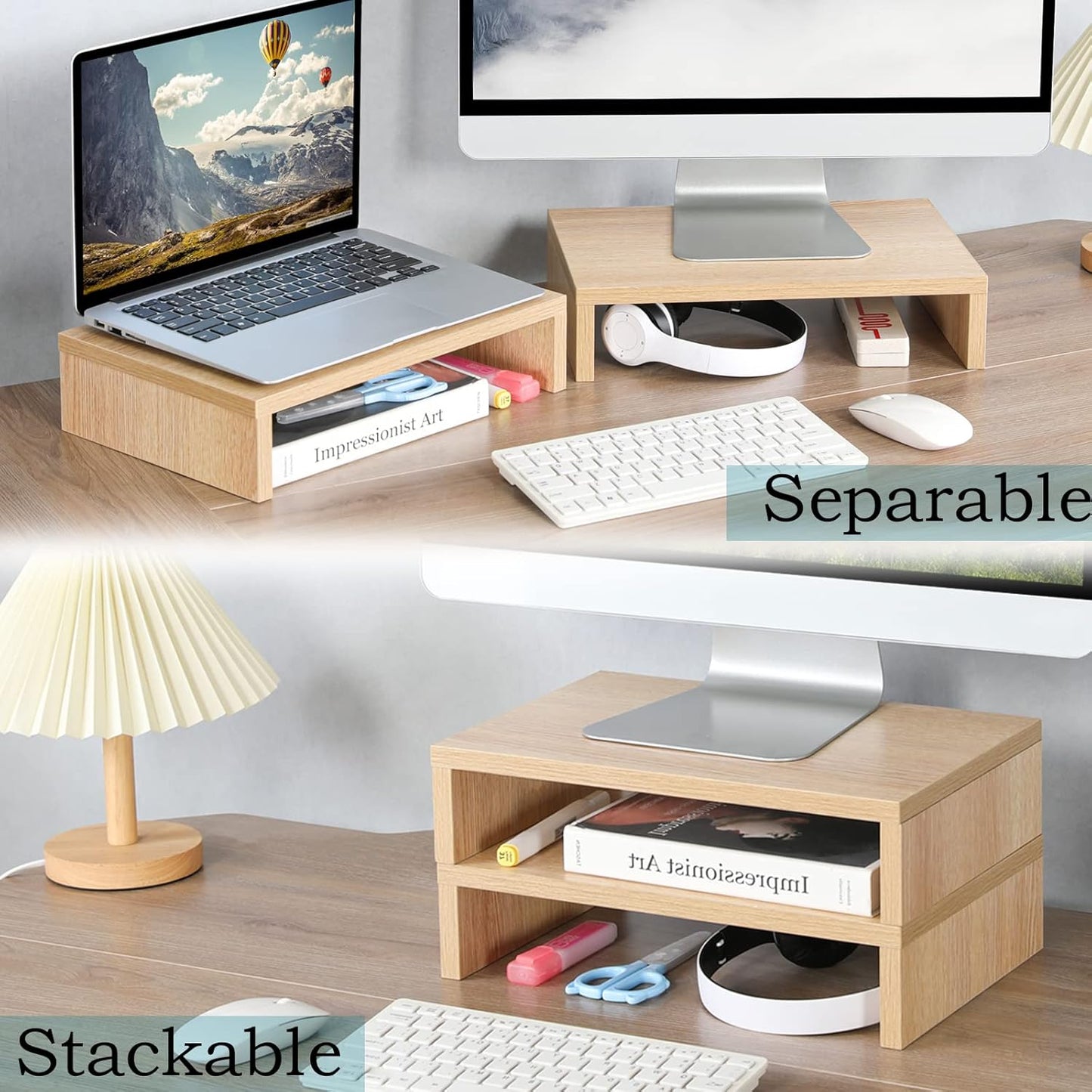 TEAMIX Wood Monitor Stand Riser-2 Pack, 2 Tier Adjustable Monitor Stand Dual Monitor Riser for 2 Monitors/Laptop/PC Black Computer Stand for Desk