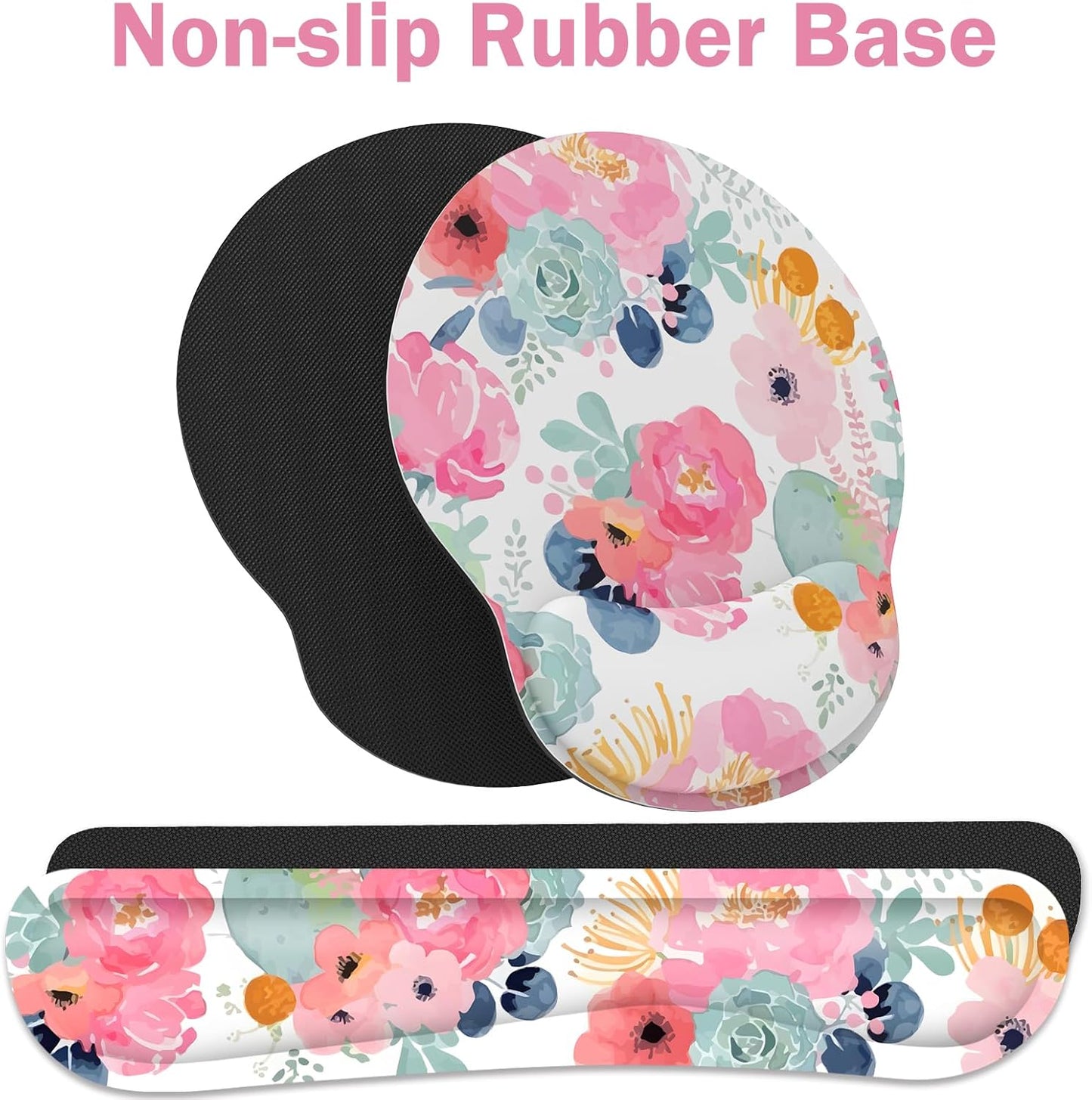 Ergonomic Mouse Pad with Wrist Rest and Keyboard Wrist Rest, Memory Foam Wrist Rest for Computer Keyboard, Easy Typing, Pain Relief, Mouse Pad Wrist Support for Gaming,Office, Laptop, Black Flower